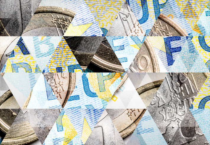 Abstract triangle mosaic background: 1 Euro coin on 20 Euro bank note