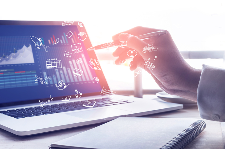 Businessman working with modern laptop and icon.strategy concept Businessman working with modern laptop and icon.strategy concept
